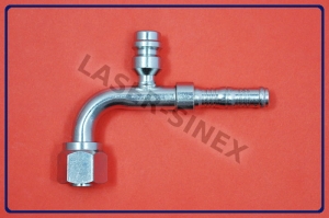 Złącze typu BURGACLIP z portem serwisowym wysokiego ciśnienia 16 mm, kątowe 90° na opaski zaciskowe, o-ring,  żeńskie gwint 3/4"-16, rurka 8-8, końcówka z gwintem wewnętrznym do przewodów gumowych, węże i końcówki do klimatyzacji (ZS-195)