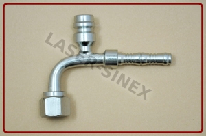 Złącze typu BURGACLIP z portem serwisowym wysokiego ciśnienia 16 mm, kątowe 90° na opaski zaciskowe, o-ring,  żeńskie gwint 5/8"-18, rurka 6-6, złącza do węży gumowych z portem serwisowym, naprawa układu klimatyzacji części (ZS-194)