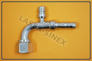 Złącze typu BURGACLIP z portem serwisowym niskiego ciśnienia 13 mm, kątowe 90° na opaski zaciskowe, o-ring,  żeńskie gwint 7/8"-14, rurka 10-10, złącze kątowe z portem niskiego ciśnienia, złącza do układu klimatyzacji w samochodzie (ZS-196)