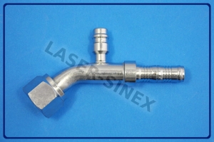 Złącze typu BURGACLIP z portem serwisowym wysokiego ciśnienia 17 mm, kątowe 45° na opaski zaciskowe, o-ring,  żeńskie gwint 3/4"-16, rurka 8-8, złącze do węży gumowych, złącza do klimatyzacji samochodowej (ZS-203)