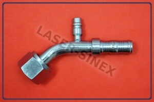 Złącze typu BURGACLIP z portem serwisowym niskiego ciśnienia 13 mm, kątowe 45° na opaski zaciskowe, o-ring,  żeńskie gwint 7/8"-14, rurka 10-10, złącze do węży gumowych, złącza do klimatyzacji samochodowej (ZS-188)