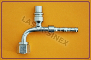 Złącze typu BURGACLIP z portem serwisowym wysokiego ciśnienia 17 mm, kątowe 90° na opaski zaciskowe, o-ring,  żeńskie gwint 5/8"-18, rurka 6-6, złącza węży gumowych klimatyzacji, złącza i węże do klimatyzacji samochodowej (ZS-206)