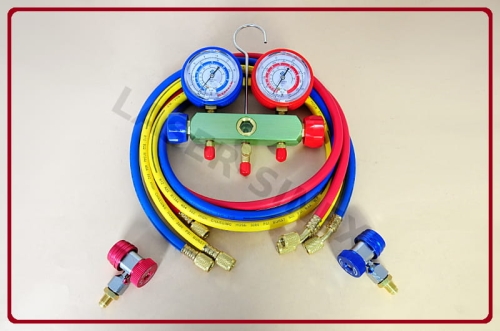 manometry klimatyzacji samochodowej do czynnika R134 z adapterami niskiego (LP) i wysokiego (HP) ciśnienia, listwa zegarowa do odczytu wartości ciśnienia, napełniania, wyposażenie stacji obsługi klimatyzacji, narzędzia warsztatowe
