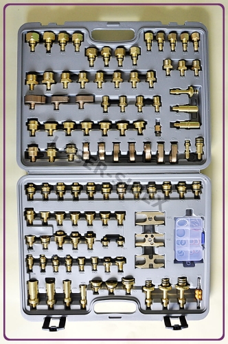 walizka serwisowa 98 elementów, zestaw adapterów do sprawdzania szczelności i płukania klimatyzacji, zestaw adapterów do serwisowania klimatyzacji, narzędzia warsztatowe