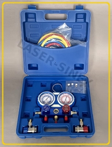 Manometry przeciwwstrząsowe klimatyzacji samochodowej do czynnika R1234YF / R134A z adapterami niskiego (LP) i wysokiego (HP) ciśnienia, listwa zegarowa do odczytu wartości ciśnienia, napełniania, wyposażenie stacji obsługi klimatyzacji (MR-009)
