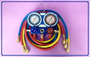 ZESTAW MANOMETRÓW do KLIMATYZACJI Z WĘŻAMI R410, R32, R134YF, R134A - listwa dwuzaworowa , manometry do klimatyzacji, klimatyzacja narzędzia, wyposażenie serwisu klimatyzacji, węże do klimatyzacji, przyrząd kontrolno-pomiarowy (MR-001)